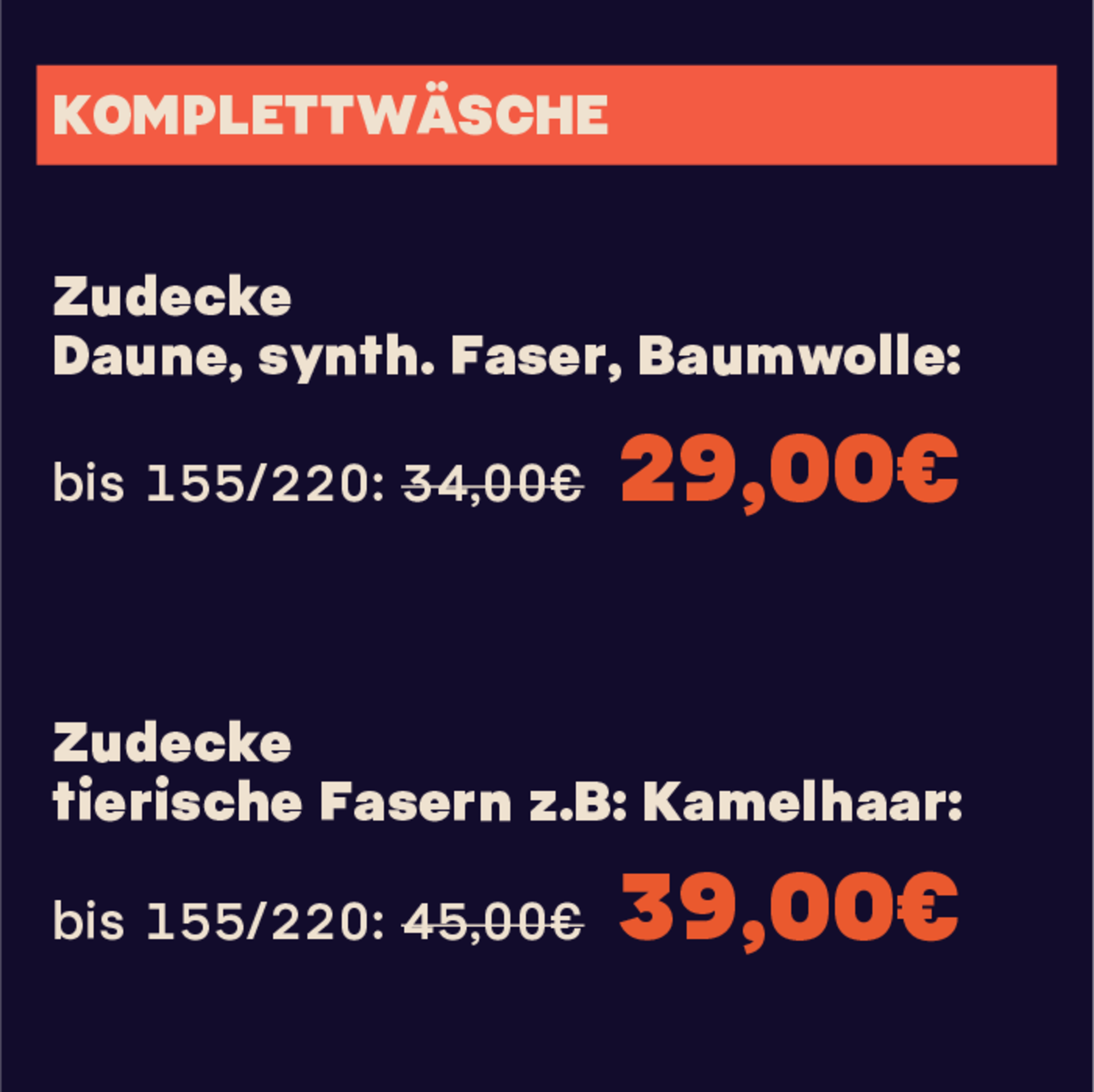 Reinigungsaktion Preise für Komplettwäschen von Zudecken